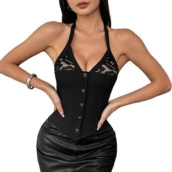 Women's Lace Halter Tops Going Out V Neck Crop Backless Sleeveless Tank Y2k Shirt