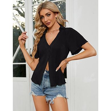 Women V Neck Short Sleeve Collared Button Down Y2k Casual Blouse
