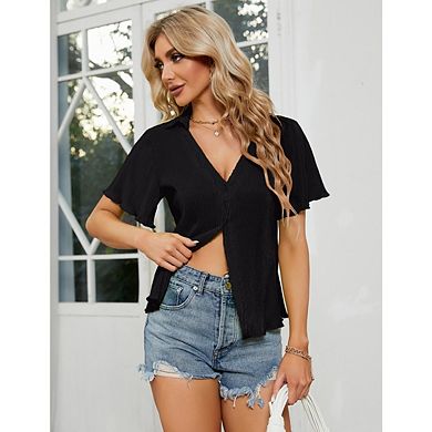 Women V Neck Short Sleeve Collared Button Down Y2k Casual Blouse