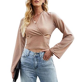 Women's Wrap Deep V Neck Long Sleeve Dressy Casual Going Out Crop Tops
