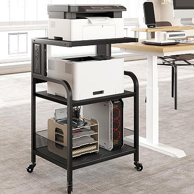 3-Tier Rolling Printer Stand with Power Outlets, Lockable Wheels & Adjustable Shelves, Home Office