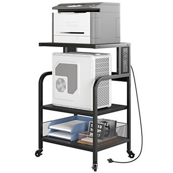 3 tier Rolling Printer Stand with Power Outlets, Lockable Wheels & Adjustable Shelves, Home Office
