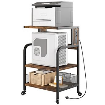 3 tier Rolling Printer Stand with Power Outlets, Lockable Wheels & Adjustable Shelves, Home Office