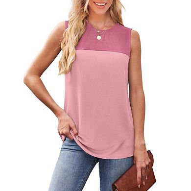 Women's Sleeveless Color Block Round Neck Top Casual Tunic Vest