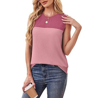 Women's Sleeveless Color Block Round Neck Top Casual Tunic Vest
