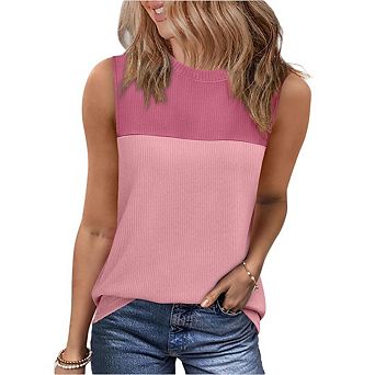 Women's Sleeveless Color Block Round Neck Top Casual Tunic Vest
