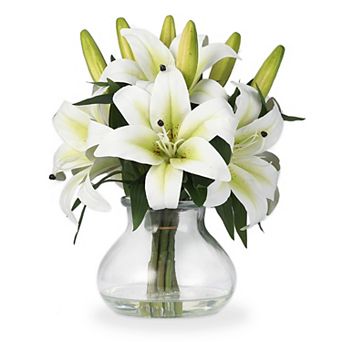 Artificial Tiger Lily Flowers, 6 Stems Realistic Silk Lilies with Glass Vase, 13 Inch Fake Flowers
