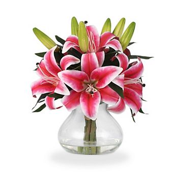 Artificial Tiger Lily Flowers, 6 Stems Realistic Silk Lilies with Glass Vase, 13 Inch Fake Flowers