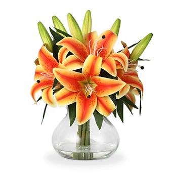 Artificial Tiger Lily Flowers, 6 Stems Realistic Silk Lilies with Glass Vase, 13 Inch Fake Flowers