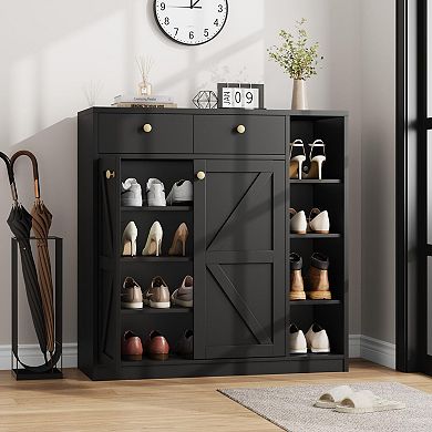 Shoe Cabinet with Barn Doors and Drawers 42-in Tall Storage Cabinet with Adjustable Shelves