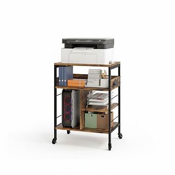 4 tier Rolling Printer Stand with Power Outlets, Lockable Wheels & Storage, Home Office Cart