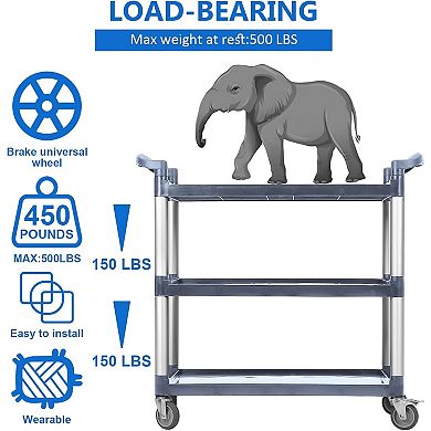 3-Shelf Heavy Duty Utility Cart - 500lbs Capacity, Lockable Wheels, Ergonomic Handle