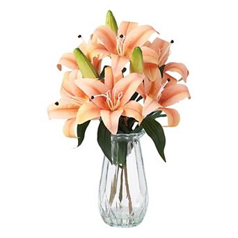 Artificial Lilies Flowers with Glass Vase & Fake Water, No Maintenance Home Wedding Office Decor