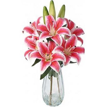 Artificial Lilies Flowers with Glass Vase & Fake Water, No Maintenance Home Wedding Office Decor