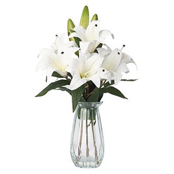 Artificial Lilies Flowers with Glass Vase & Fake Water, No Maintenance Home Wedding Office Decor