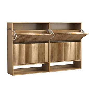 2 Pack Fluted Shoe Storage Cabinet Slim Hidden Shoe Rack Cabinet with 2 Flip Drawers and Open Shelf