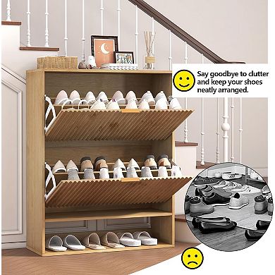 2 Pack Fluted Shoe Storage Cabinet Slim Hidden Shoe Rack Cabinet with 2 Flip Drawers and Open Shelf