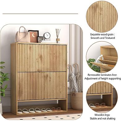 2 Pack Fluted Shoe Storage Cabinet Slim Hidden Shoe Rack Cabinet with 2 Flip Drawers and Open Shelf