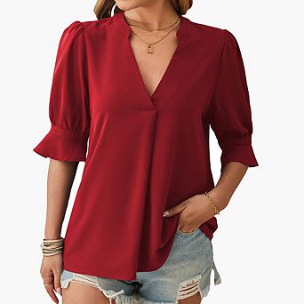 Summer Simple Shirts for Women V Neck Ruffle Short Sleeve Casual Shirt Tops