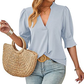 Summer Simple Shirts for Women V Neck Ruffle Short Sleeve Casual Shirt Tops