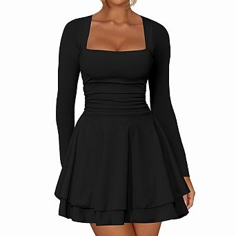 Women's Square Neck Ruffle Hem Mini Dress Ruched Waist Long Sleeve Corset Short Party Dresses