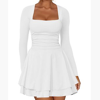 Women's Square Neck Ruffle Hem Mini Dress Ruched Waist Long Sleeve Corset Short Party Dresses