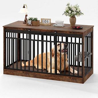 55" Dog Crate Furniture TV Stand,Metal & Wood Dog Cage Table Kennel with Sliding Door and Food Bowl