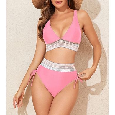 Women Boho 2 Piece Bikini Sets High Waist Tummy Control Swimsuits Drawstring Bathing Suit