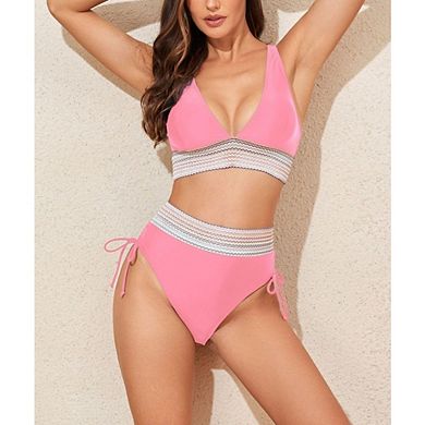 Women Boho 2 Piece Bikini Sets High Waist Tummy Control Swimsuits Drawstring Bathing Suit