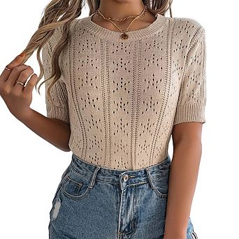 Summer Puff Short Sleeve Tops Women Cute Crew Neck Crochet Blouse Dressy Casual Thin Pullover Tops