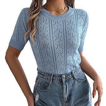 Summer Puff Short Sleeve Tops Women Cute Crew Neck Crochet Blouse Dressy Casual Thin Pullover Tops