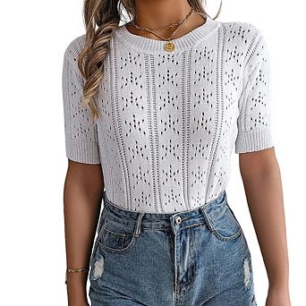 Summer Puff Short Sleeve Tops Women Cute Crew Neck Crochet Blouse Dressy Casual Thin Pullover Tops