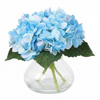 Faux Hydrangea Flowers with Glass Vase, Silk Artificial Flower Arrangement with Faux Water, for Home