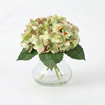 Faux Hydrangea Flowers with Glass Vase, Silk Artificial Flower Arrangement with Faux Water, for Home