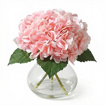 Faux Hydrangea Flowers with Glass Vase, Silk Artificial Flower Arrangement with Faux Water, for Home