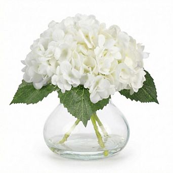 Faux Hydrangea Flowers with Glass Vase, Silk Artificial Flower Arrangement with Faux Water, for Home