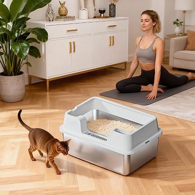 Stainless Steel Cat Litter Box with High Sides & Lid,Semi-Enclosed, Leak-Proof, Easy Clean