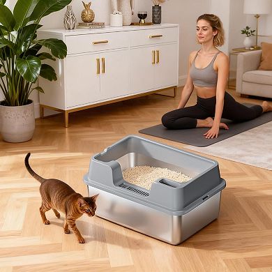 Stainless Steel Cat Litter Box with High Sides & Lid,Semi-Enclosed, Leak-Proof, Easy Clean
