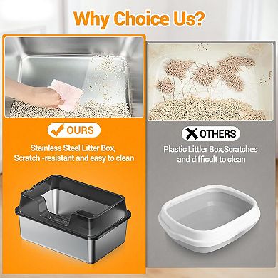 Stainless Steel Cat Litter Box with High Sides & Lid,Semi-Enclosed, Leak-Proof, Easy Clean