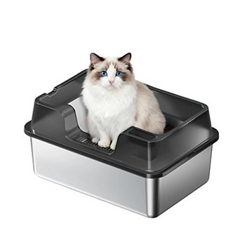 Stainless Steel Cat Litter Box with High Sides & Lid,Semi-Enclosed, Leak-Proof, Easy Clean