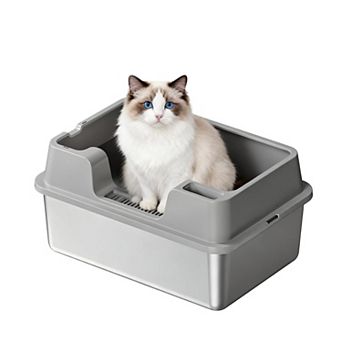 Stainless Steel Cat Litter Box with High Sides & Lid,Semi-Enclosed, Leak-Proof, Easy Clean