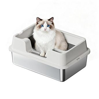 Stainless Steel Cat Litter Box with High Sides & Lid,Semi-Enclosed, Leak-Proof, Easy Clean
