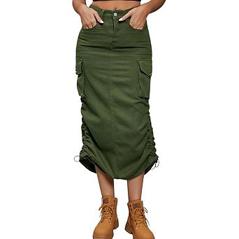 Women's Y2K Cargo Skirt Jean Adjustable Casual A-Line Midi Long Denim Skirt
