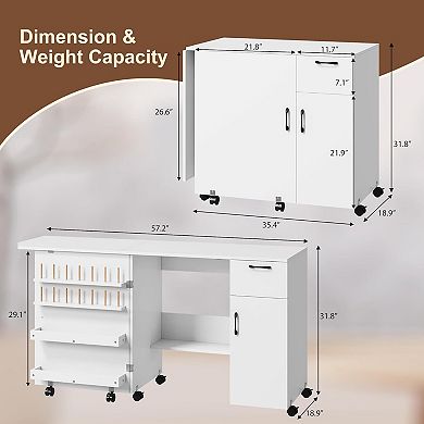 Folding Sewing Machine Table with Storage Shelves and Sliding Drawer,Rolling Side Desk with Wheels