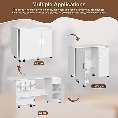 Folding Sewing Machine Table with Storage Shelves and Sliding Drawer,Rolling Side Desk with Wheels