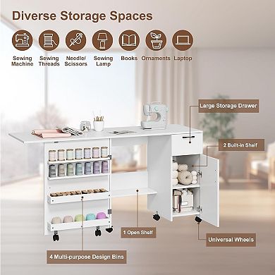 Folding Sewing Machine Table with Storage Shelves and Sliding Drawer,Rolling Side Desk with Wheels