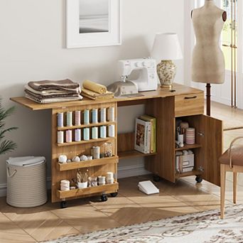 Folding Sewing Machine Table with Storage Shelves and Sliding Drawer,Rolling Side Desk with Wheels