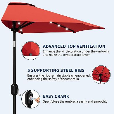 Patio Umbrella 9FT Half Umbrella Outdoor with Solar LED Lights Outdoor Shade Canopy