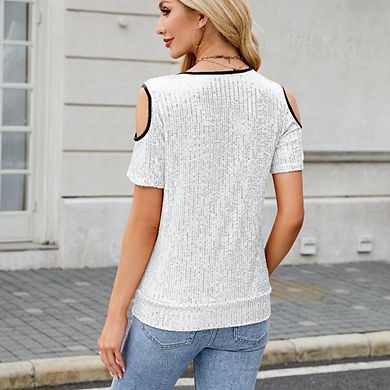 Women's V Neck Glitter Sequins Shirts Top Sparkle Shimmer Concert Disco Party Tee