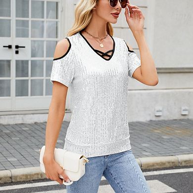 Women's V Neck Glitter Sequins Shirts Top Sparkle Shimmer Concert Disco Party Tee